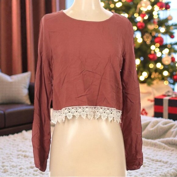 Forever 21 Rust Lace-Hem Boho Blouse | Long Sleeve | Size S - Picture 1 of 11